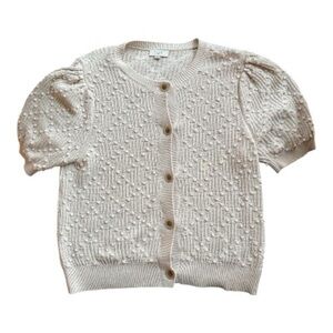LOFT Cream Textured Knit Cardigan • Short Puff Sleeves